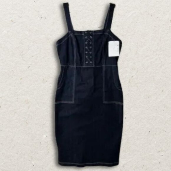 INC Denim Jumper Dress Size 2 Corset Lace Up Adjustable Straps Side Pockets NWT - Picture 2 of 4